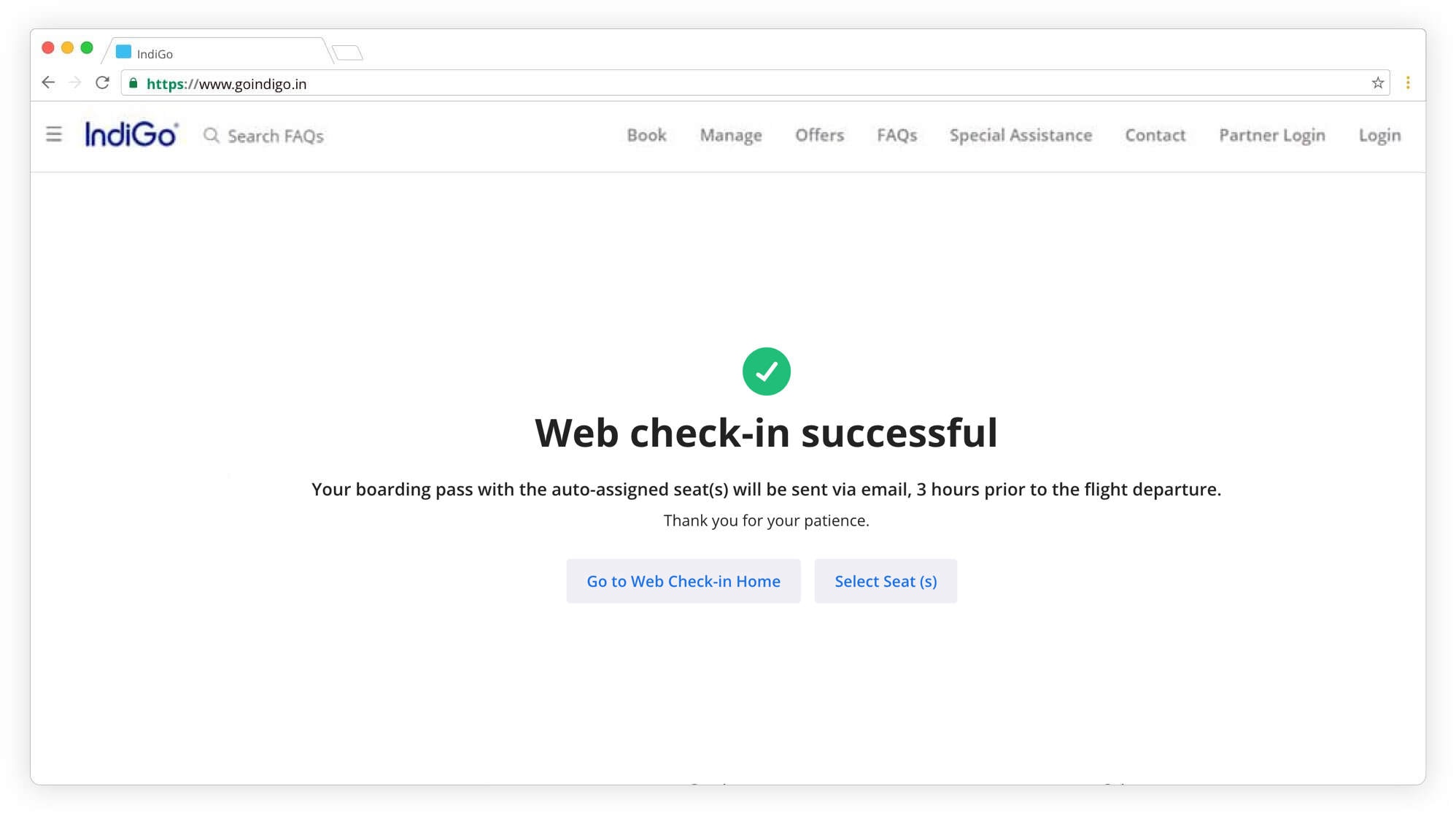 Web check-in successful